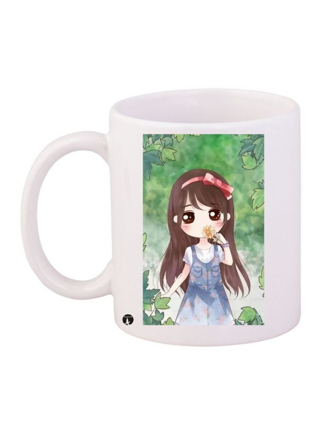 RYN Cartoon Girl Printed Coffee Mug White/Green/Brown 11ounce