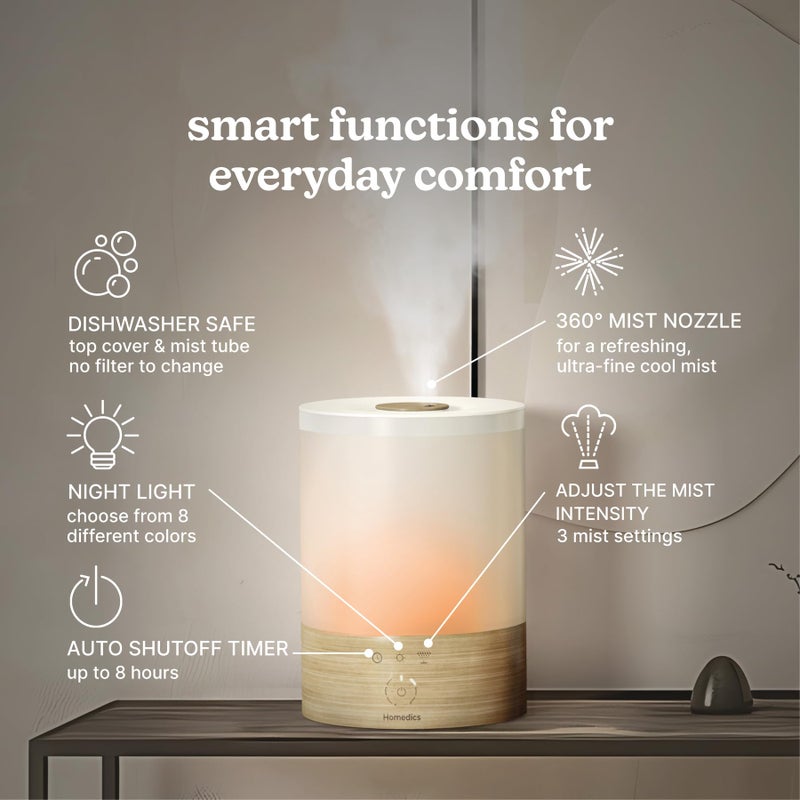 Homedics Cool Mist Ultrasonic Humidifier, 8-Colors Night Light, 0.66 Gal Top-Fill Tank, 24Hr Runtime, 3 Mist Settings, 360Â° Mist for 329 sq ft Rooms, Aromatherapy, Clean Tank Tech, Auto Shutoff - Image 3