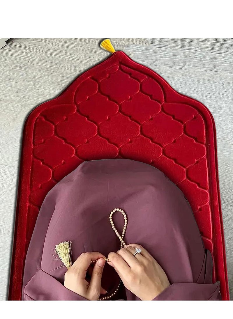 Fabienne - Embossed Prayer Mat Anti-Slip Velvet Top Islamic Prayer Mat New Design Thick Padded Sajadah Prayer Rug for Men Women Eid Gift Ramadan Maroon 70 x 110 cm - Image 1
