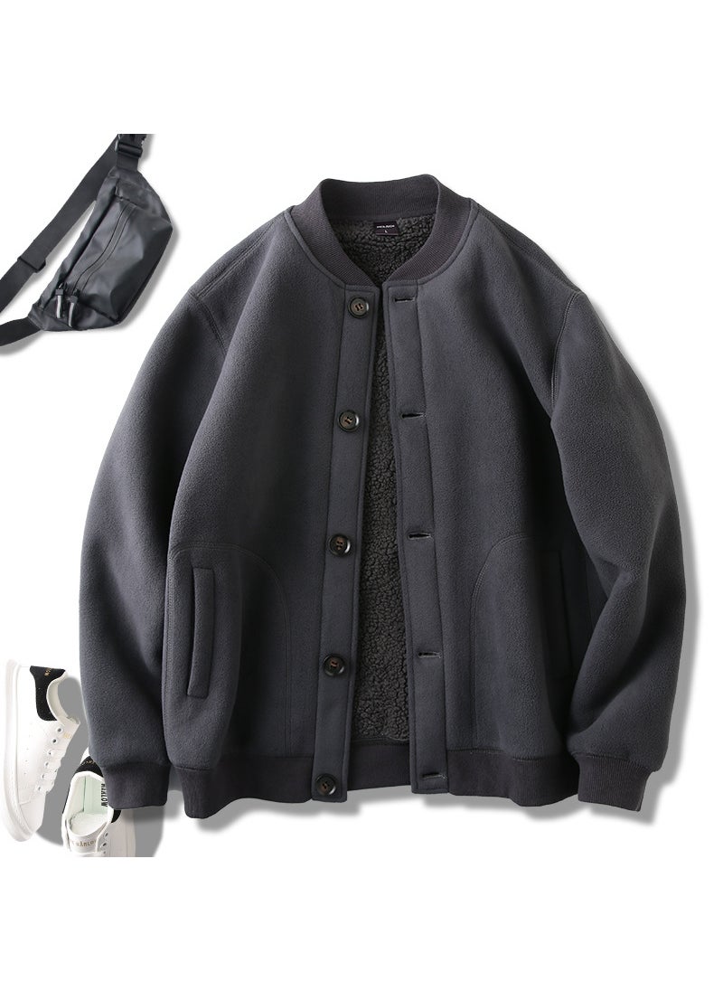 Generic - Shengban Rong Wool Cardigan Jacket For Men Double Layer Loose Fit Summer Thin Style Warm Comfortable Cotton And Wool Blend Dark gray 2351 - Image 1
