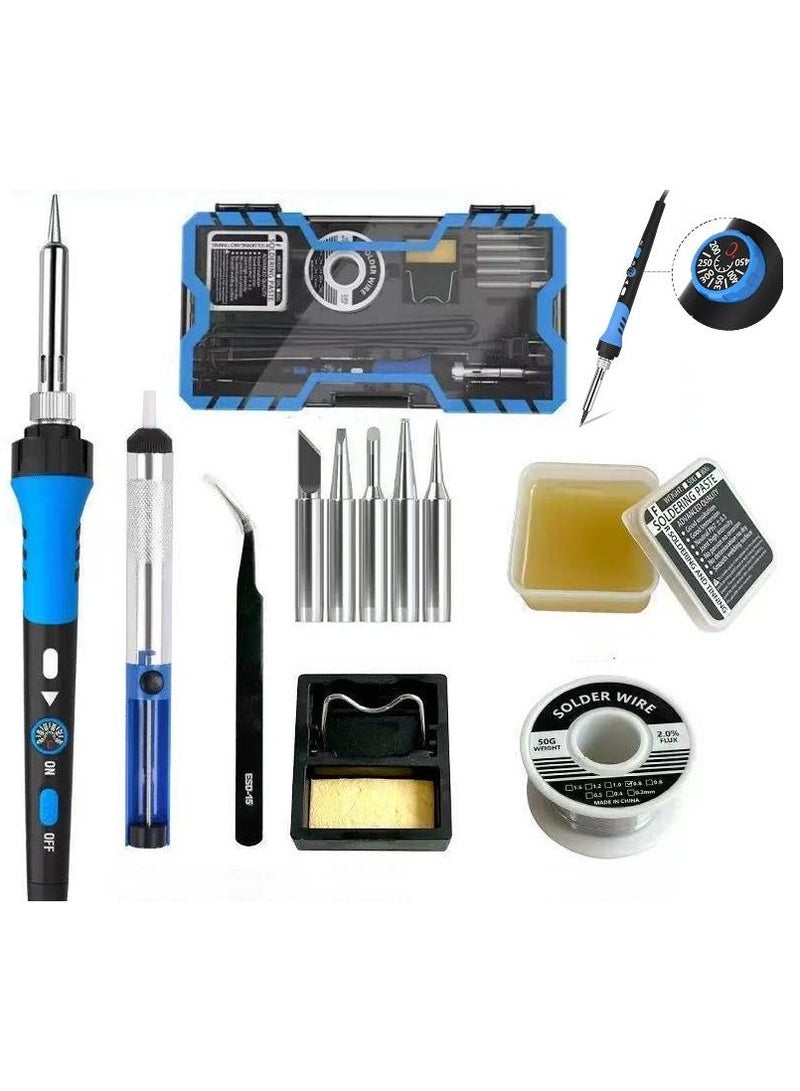 مجموعة أدوات لحام الحديد الممتازة، مسدس لحام بقدرة 60 واط مع سخان سيراميك، أداة لحام 12 في 1، درجة حرارة قابلة للتعديل من 200 إلى 450 درجة مئوية، تشمل رأس مكواة لحام وسلك لحام ومضخة ومعجون - Image 1