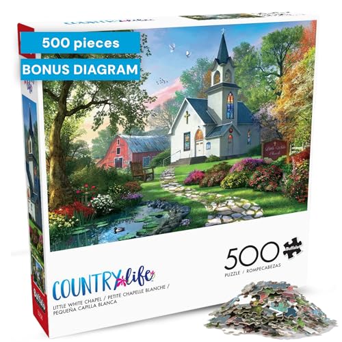 Buffalo Games Little White Chapel Jigsaw Puzzle 500 Piece Puzzle for Adults Peaceful Church Landscape Art by Dominic Davison - Image 1
