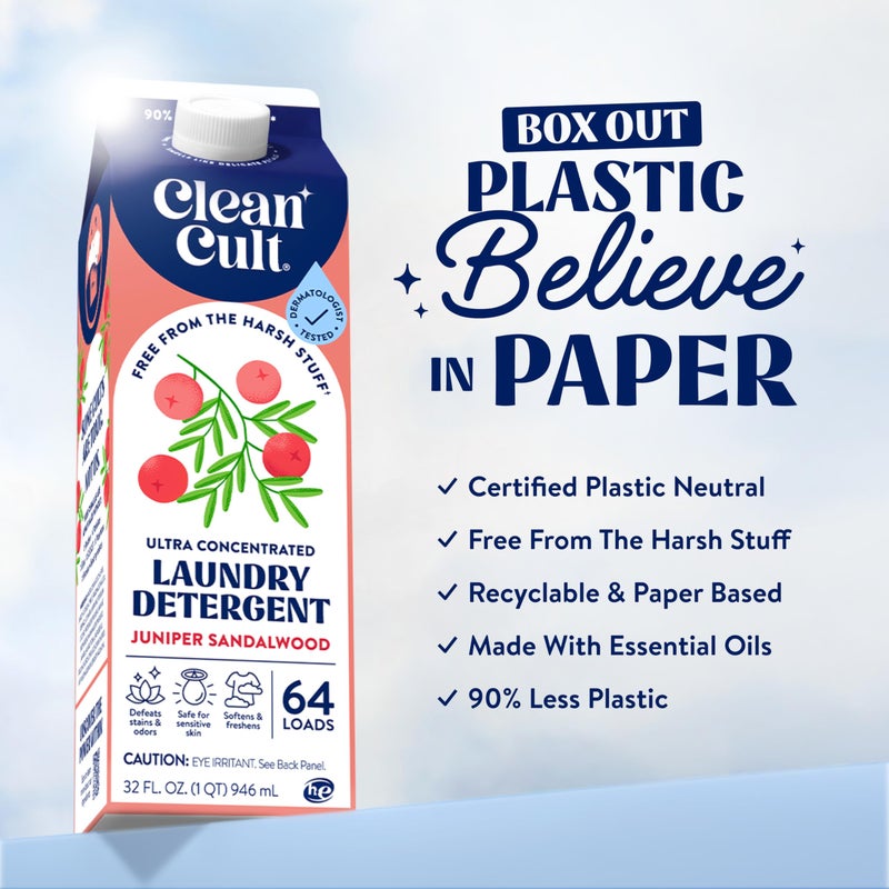 Cleancult Ultra Concentrated Liquid Laundry Detergent Soap, 192 loads (96 oz), Long Lasting Scent, 90% Less Plastic, No Harsh Chemicals, Juniper Sandalwood, Defeats Stains & Odors, HE/Standard Compatible - Image 4