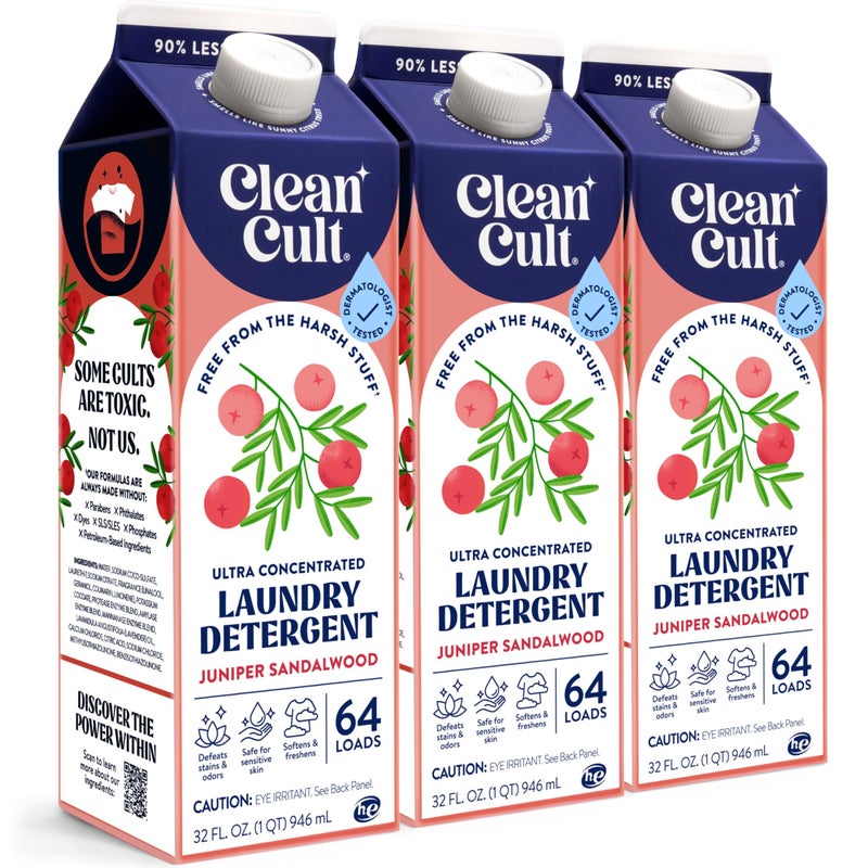 Cleancult Ultra Concentrated Liquid Laundry Detergent Soap, 192 loads (96 oz), Long Lasting Scent, 90% Less Plastic, No Harsh Chemicals, Juniper Sandalwood, Defeats Stains & Odors, HE/Standard Compatible - Image 1