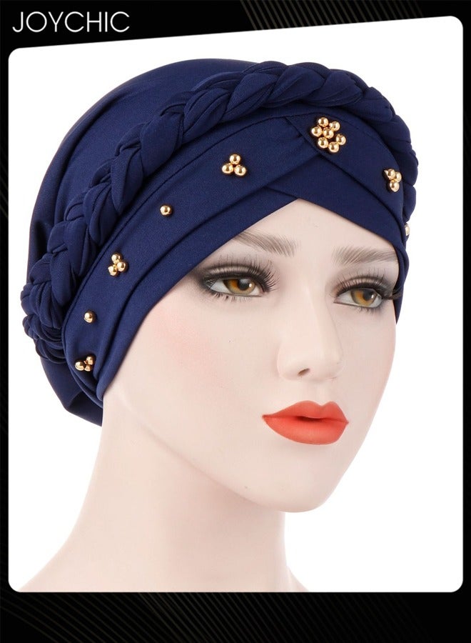 Joychic قبعة توربان نسائية ربيعية خريفية باللون navy مع لفات وخرز وضفائر، موضة إسلامية مسلمة، حجاب يمتص الرطوبة للنساء والفتيات - Image 2