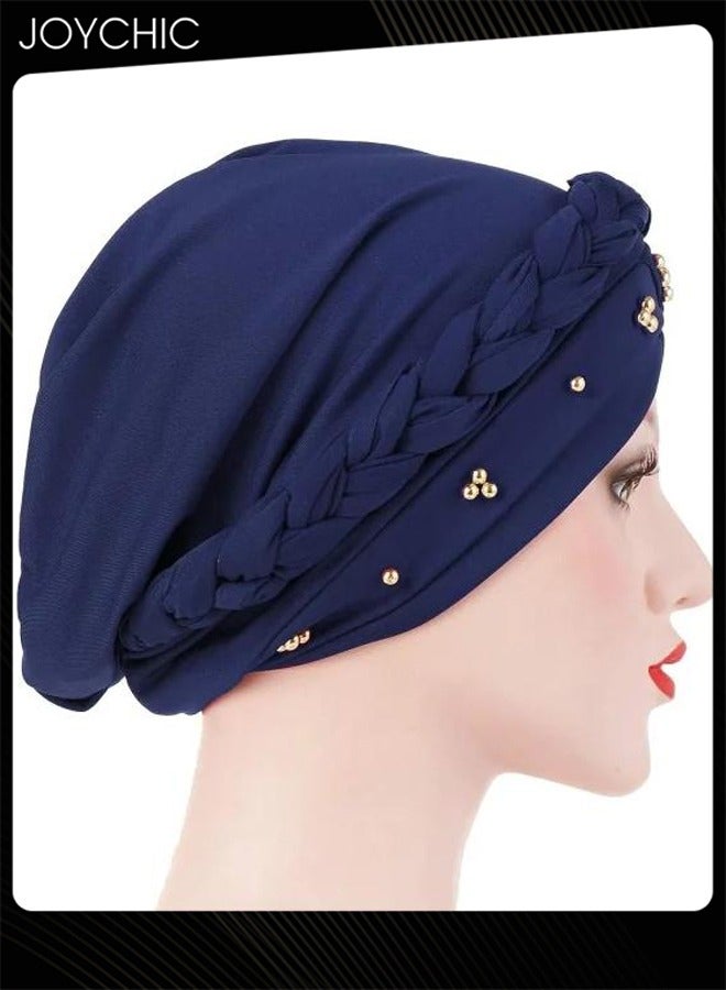 Joychic قبعة توربان نسائية ربيعية خريفية باللون navy مع لفات وخرز وضفائر، موضة إسلامية مسلمة، حجاب يمتص الرطوبة للنساء والفتيات - Image 3