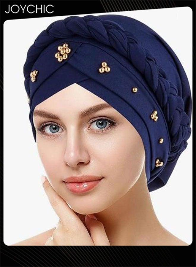 Joychic قبعة توربان نسائية ربيعية خريفية باللون navy مع لفات وخرز وضفائر، موضة إسلامية مسلمة، حجاب يمتص الرطوبة للنساء والفتيات - Image 1