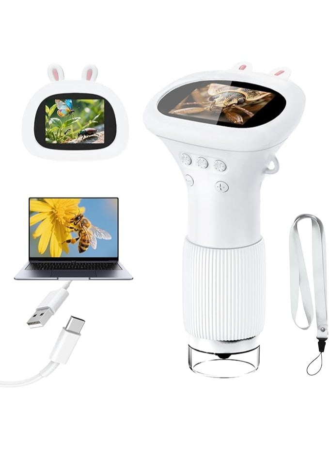 Microscope for Children, Digital Pocket Microscope with 2.0 Inch IPS Screen Magnifying Glass , 8 LED Lights Mobile Phone Children's Microscope for Garden Toys - White - Image 1