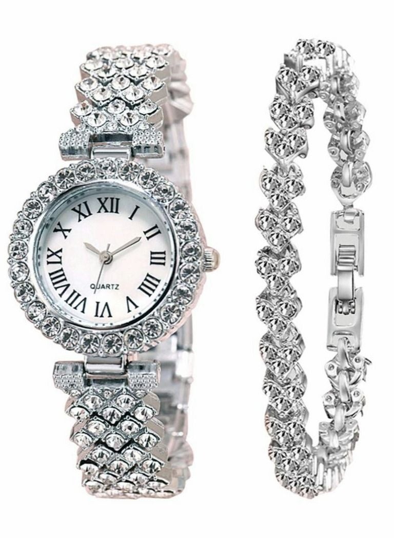 Captaintech 2pcs Rhinestone Watch Set Shiny Quartz Crystal Wrist Watch Luxury Diamond Shining Bling Watches with Stainless Steel Bracelet Gift for Girls Birthday( Silver) - Image 1