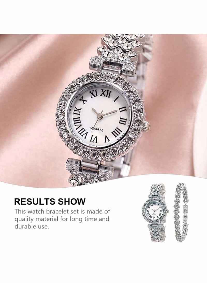 Captaintech 2pcs Rhinestone Watch Set Shiny Quartz Crystal Wrist Watch Luxury Diamond Shining Bling Watches with Stainless Steel Bracelet Gift for Girls Birthday( Silver) - Image 2