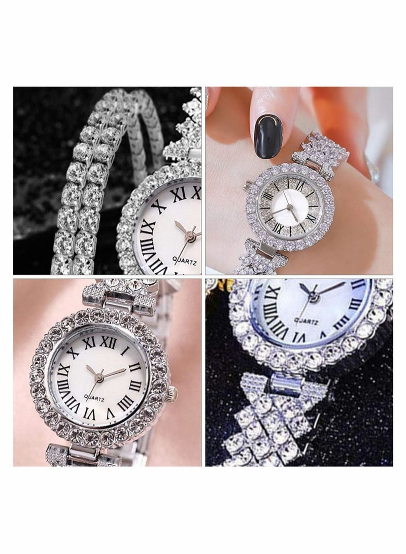 Captaintech 2pcs Rhinestone Watch Set Shiny Quartz Crystal Wrist Watch Luxury Diamond Shining Bling Watches with Stainless Steel Bracelet Gift for Girls Birthday( Silver) - Image 3
