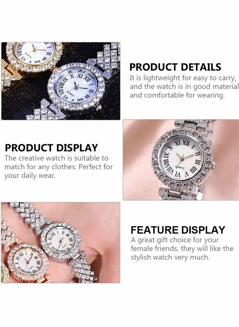 Captaintech 2pcs Rhinestone Watch Set Shiny Quartz Crystal Wrist Watch Luxury Diamond Shining Bling Watches with Stainless Steel Bracelet Gift for Girls Birthday( Silver) - Image 4