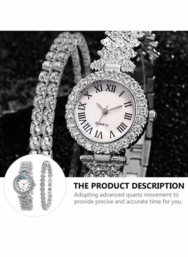 Captaintech 2pcs Rhinestone Watch Set Shiny Quartz Crystal Wrist Watch Luxury Diamond Shining Bling Watches with Stainless Steel Bracelet Gift for Girls Birthday( Silver) - Image 5
