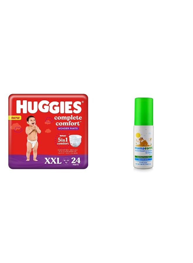 Huggies Complete Comfort Wonder Pants, Double Extra Large (XXL) Size Baby Diaper Pants, (24 count) & Mamaearth Mineral Based Sunscreen SPF 20+,Hypoallergenic,100ml,(0-10 Years)