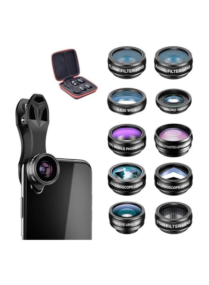 آبيكسل Apexel 10 في 1 مجموعة عدسات كاميرا الهاتف الخليوي عدسة زاوية واسعة وعدسة ماكرو + عدسة عين السمكة + عدسة تليفوتوغرافي + CPL/تدفق/شعاعي/نجمة