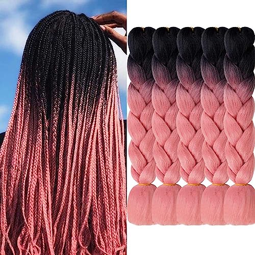 AIDUSA Ombre Braiding Hair Afro Braiding Hair Extensions 5Pcs Synthetic 24 Inch 2 Tones for Women Twist Crochet Braids 100g (#B6 Black to Pink) - Image 1