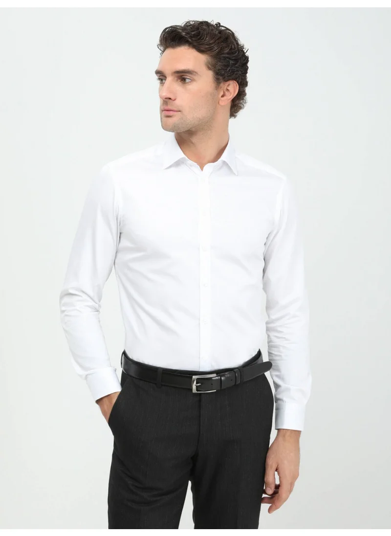 Kip White Plain Slim Fit Woven Classic Cotton Shirt