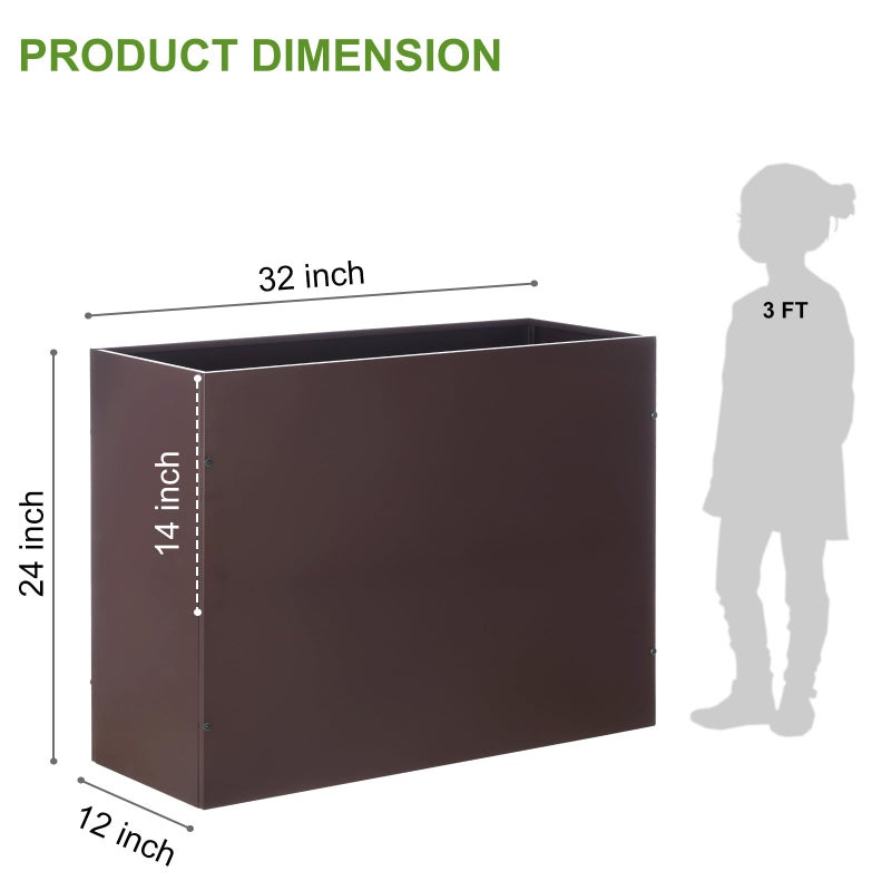 BAYN Metal Rectangular Planter Box Tall Planters for Outdoor Plants Modern Heavy Duty with Drainage Holes for Outside Indoor Patio Deck - Brown, 32â€x 12â€x 24â€ - Image 2