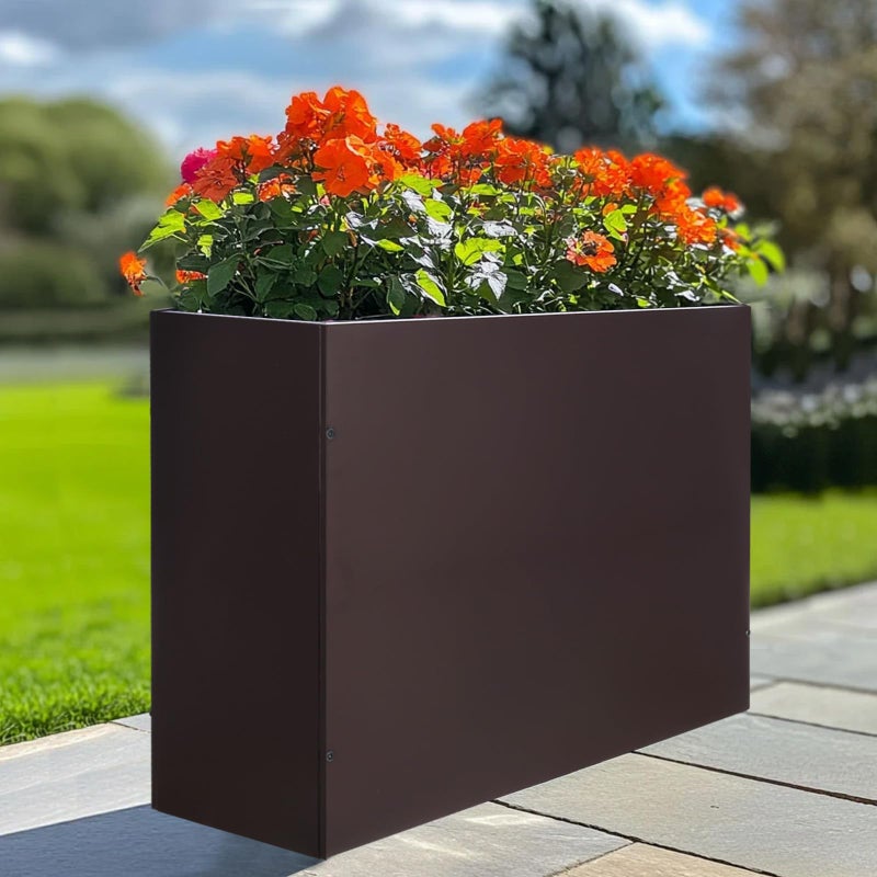 BAYN Metal Rectangular Planter Box Tall Planters for Outdoor Plants Modern Heavy Duty with Drainage Holes for Outside Indoor Patio Deck - Brown, 32â€x 12â€x 24â€ - Image 5
