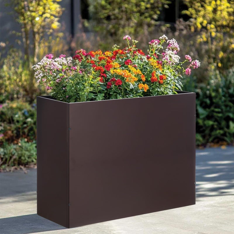 BAYN Metal Rectangular Planter Box Tall Planters for Outdoor Plants Modern Heavy Duty with Drainage Holes for Outside Indoor Patio Deck - Brown, 32â€x 12â€x 24â€ - Image 4
