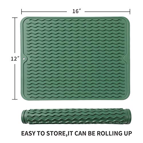 MicoYang Silicone Dish Drying Mat for Multiple Usage,Easy clean,Eco-friendly,Heat-resistant Silicone Mat for Kitchen Counter or Sink,Refrigerator or drawer liner Green L 16 inches x 12 inches - Image 2