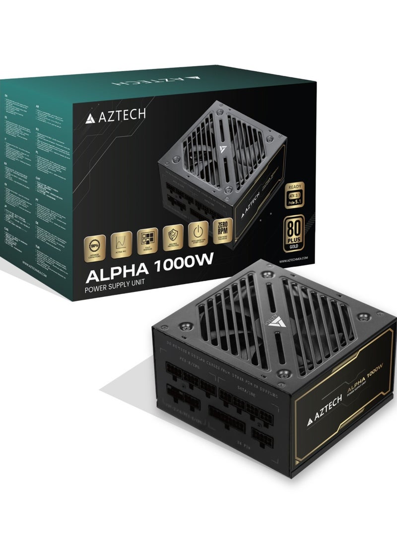 Aztech وحدة تزويد الطاقة ALPHA Series 1000W ATX 3.1 باللون الأسود مع شهادة 80 Plus Gold و PFC نشط ومروحة صامتة 120 مم وكابلات كاملة قابلة للفصل SATA PCIe CPU 4+4 20+4 للوحة الأم وكفاءة 85 بالمئة عند 230 فولت وحماية الدائرة UVP و OVP لوحدات تزويد الطاقة لأجهزة الألعاب 1000W ATX PSU لبناء أجهزة سطح المكتب عالية الأداء - Image 1