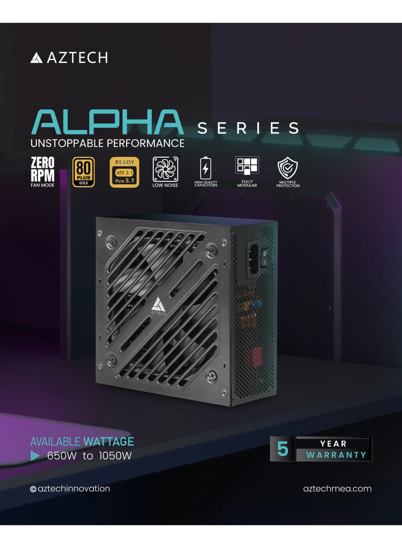Aztech وحدة تزويد الطاقة ALPHA Series 1000W ATX 3.1 باللون الأسود مع شهادة 80 Plus Gold و PFC نشط ومروحة صامتة 120 مم وكابلات كاملة قابلة للفصل SATA PCIe CPU 4+4 20+4 للوحة الأم وكفاءة 85 بالمئة عند 230 فولت وحماية الدائرة UVP و OVP لوحدات تزويد الطاقة لأجهزة الألعاب 1000W ATX PSU لبناء أجهزة سطح المكتب عالية الأداء - Image 2