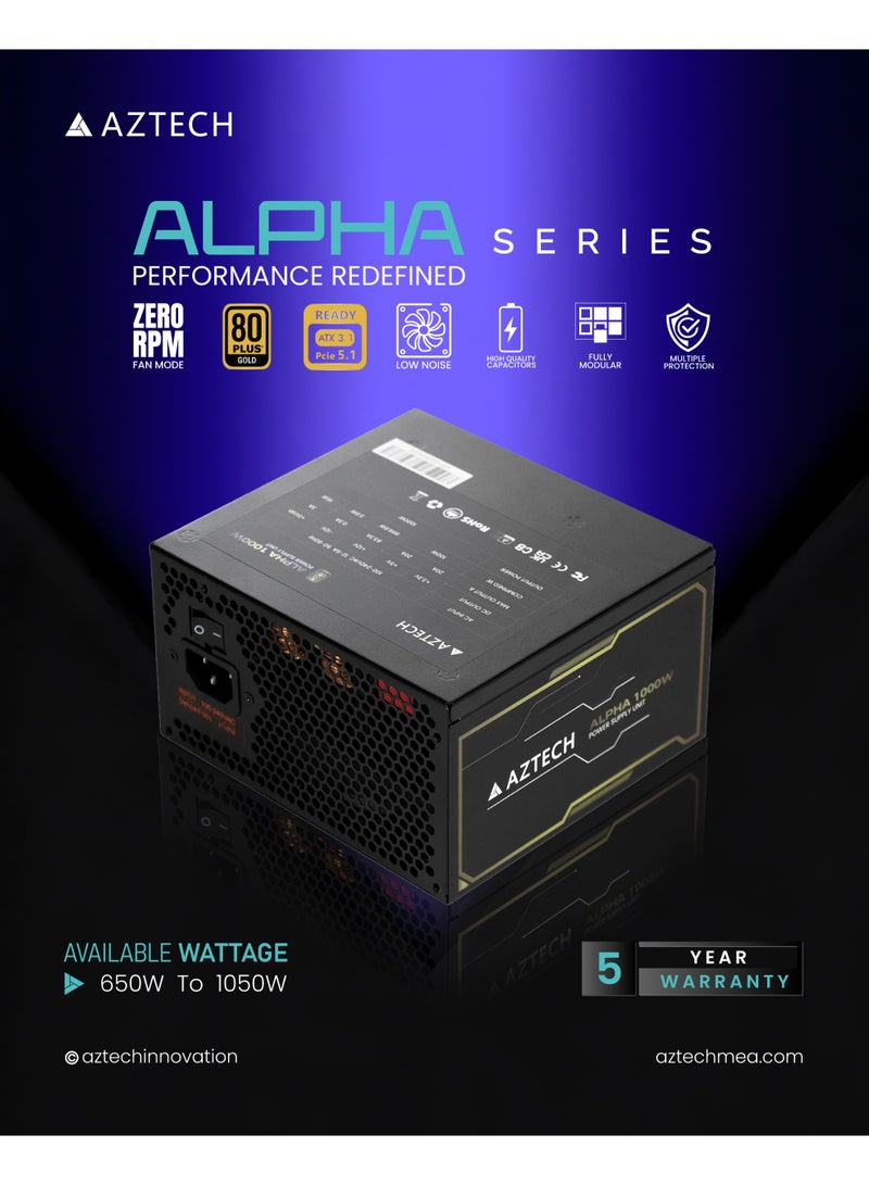 Aztech وحدة تزويد الطاقة ALPHA Series 1000W ATX 3.1 باللون الأسود مع شهادة 80 Plus Gold و PFC نشط ومروحة صامتة 120 مم وكابلات كاملة قابلة للفصل SATA PCIe CPU 4+4 20+4 للوحة الأم وكفاءة 85 بالمئة عند 230 فولت وحماية الدائرة UVP و OVP لوحدات تزويد الطاقة لأجهزة الألعاب 1000W ATX PSU لبناء أجهزة سطح المكتب عالية الأداء - Image 4