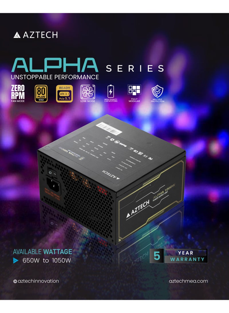 Aztech وحدة تزويد الطاقة ALPHA Series 1000W ATX 3.1 باللون الأسود مع شهادة 80 Plus Gold و PFC نشط ومروحة صامتة 120 مم وكابلات كاملة قابلة للفصل SATA PCIe CPU 4+4 20+4 للوحة الأم وكفاءة 85 بالمئة عند 230 فولت وحماية الدائرة UVP و OVP لوحدات تزويد الطاقة لأجهزة الألعاب 1000W ATX PSU لبناء أجهزة سطح المكتب عالية الأداء - Image 3