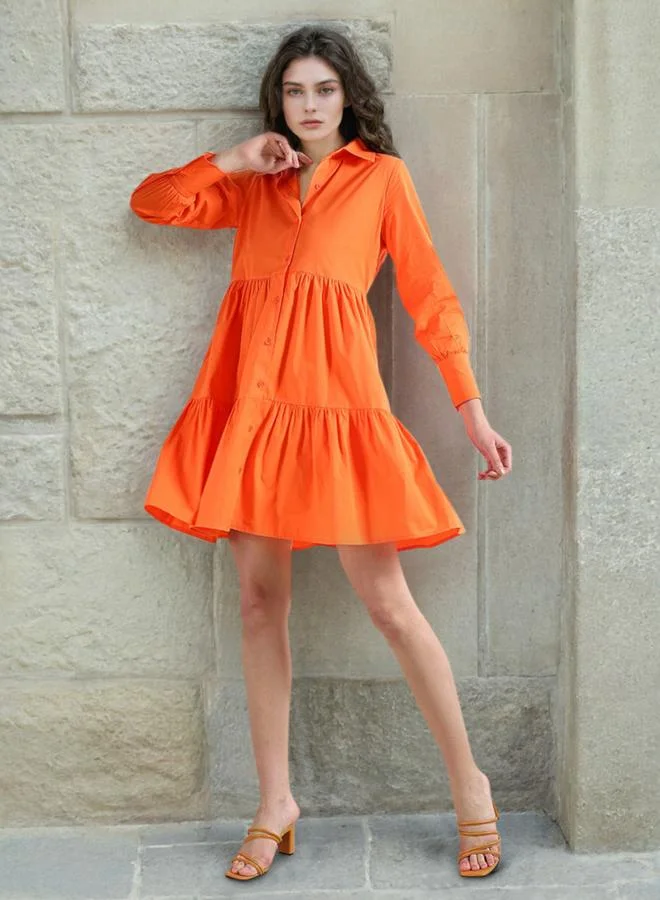 Freehand  Orange Tiered Buttoned Mini Dress for Women | Best Price UAE