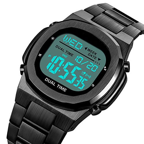 Reginald Men's Multifunctional Electronic Watch Outdoor Sports Watch EL Light Large Digital Display Timing Stainless Steel Watch (Black) - Image 3