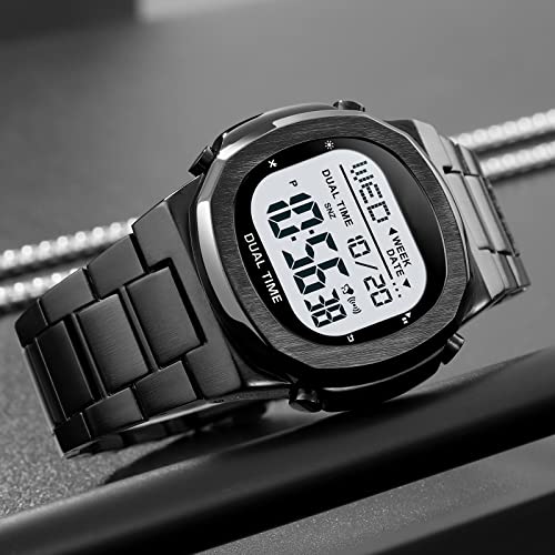 Reginald Men's Multifunctional Electronic Watch Outdoor Sports Watch EL Light Large Digital Display Timing Stainless Steel Watch (Black) - Image 5