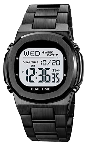 Reginald Men's Multifunctional Electronic Watch Outdoor Sports Watch EL Light Large Digital Display Timing Stainless Steel Watch (Black) - Image 1
