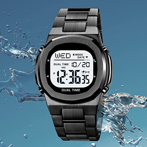 Reginald Men's Multifunctional Electronic Watch Outdoor Sports Watch EL Light Large Digital Display Timing Stainless Steel Watch (Black) - Image 4