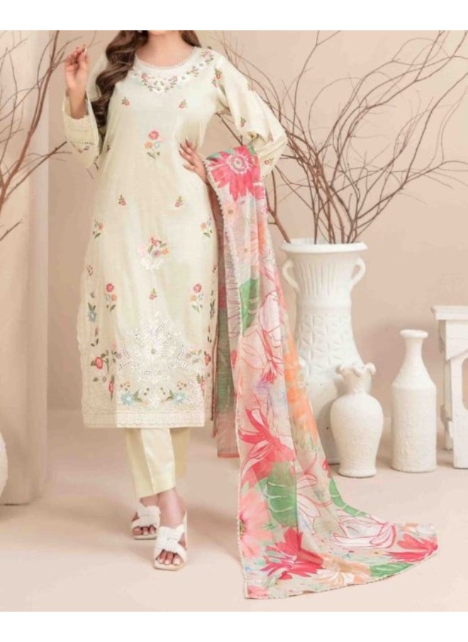 TAWAKKAL FABRICS Set of 3 Pieces Kurti with Bottom and Dupatta - Off White and Pink  - Image 2