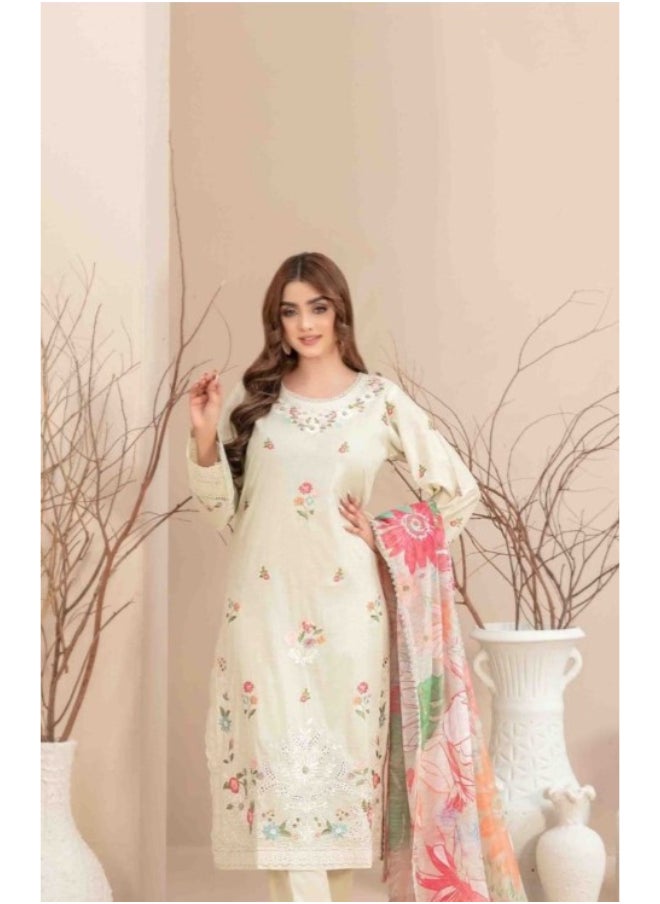 TAWAKKAL FABRICS Set of 3 Pieces Kurti with Bottom and Dupatta - Off White and Pink  - Image 3