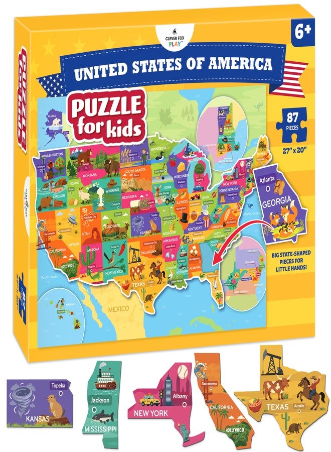 Clever Fox Play United States Puzzle for Kids Ages 4-8 – 87 Large USA State-Shaped Pieces, 27"x20" Map – Learn All 50 US States, Capitals & Landmarks – USA Jigsaw Educational Toy – Gift for Boys & Girls Ages 4+ - Image 1