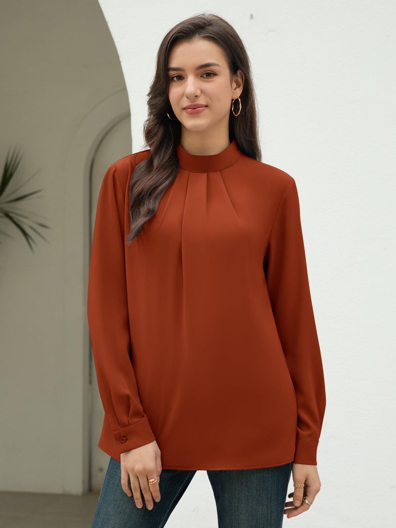 Funlingo Long Sleeve Tops for Women Fall Dressy Casual Tunic Blouse 2025 Fashion Ladies Mock Neck Flowy Pleated Work Shirts for Office Caramel L - Image 2