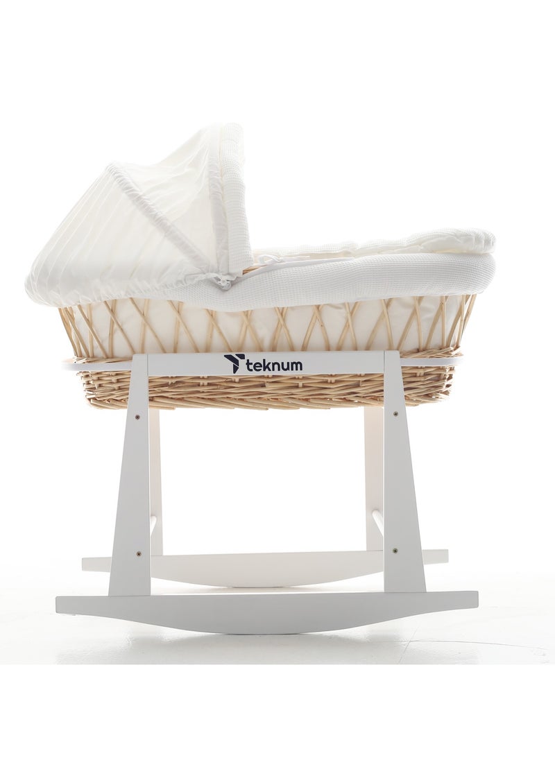 TEKNUM Teknum Infant Wicker Moses Basket with White Waffle Beddings & White Rocker Stand - Wooden Brown  - Image 1