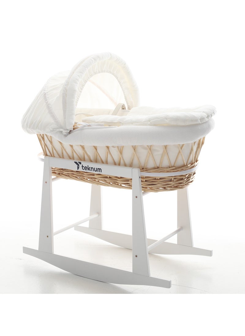TEKNUM Teknum Infant Wicker Moses Basket with White Waffle Beddings & White Rocker Stand - Wooden Brown  - Image 3