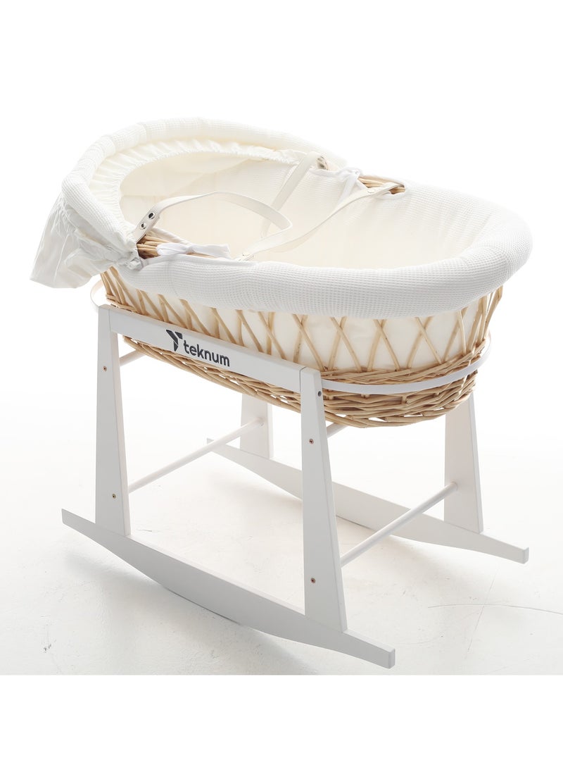 TEKNUM Teknum Infant Wicker Moses Basket with White Waffle Beddings & White Rocker Stand - Wooden Brown  - Image 5