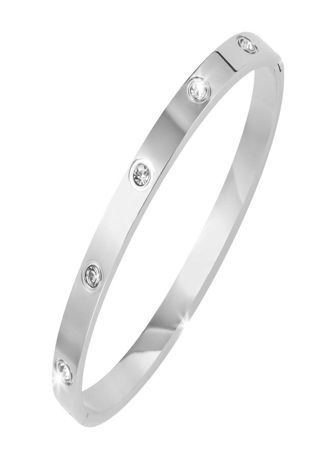 MILAKOO 6mm Silver Classical Bangle for Women Stainless Steel Minimalist Bracelet with Cubic Zircon - Image 1
