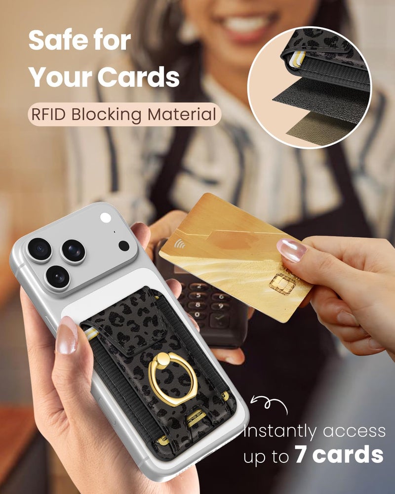 Shorogyt Compatible with Magsafe Wallet with Ring Grip Magnetic Card Holder - Cute Phone Wallets with Stand for iPhone 17/16/15/14/13/12 Series for Women Girls Black Leopard Design, Fit 7 Cards - Image 5