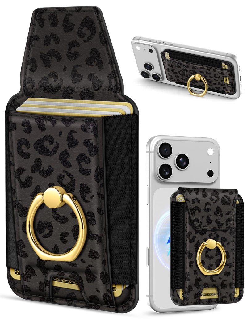 Shorogyt Compatible with Magsafe Wallet with Ring Grip Magnetic Card Holder - Cute Phone Wallets with Stand for iPhone 17/16/15/14/13/12 Series for Women Girls Black Leopard Design, Fit 7 Cards - Image 1