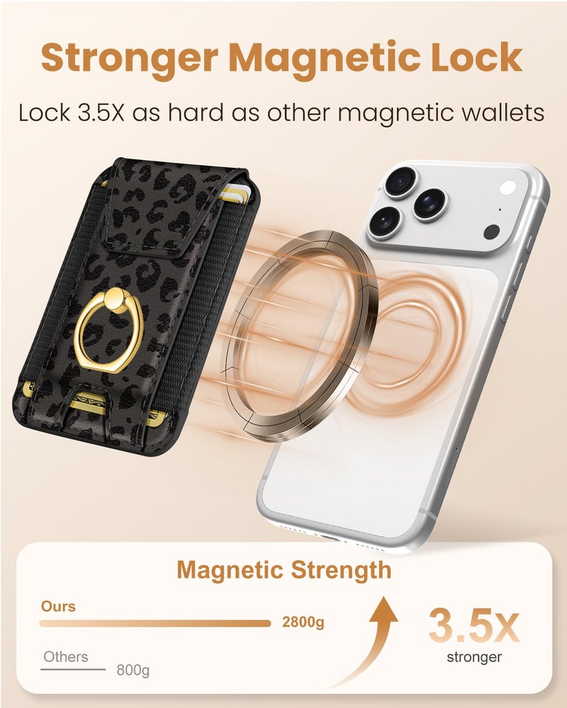 Shorogyt Compatible with Magsafe Wallet with Ring Grip Magnetic Card Holder - Cute Phone Wallets with Stand for iPhone 17/16/15/14/13/12 Series for Women Girls Black Leopard Design, Fit 7 Cards - Image 3