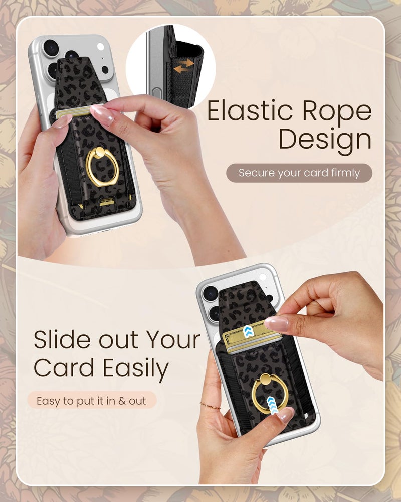 Shorogyt Compatible with Magsafe Wallet with Ring Grip Magnetic Card Holder - Cute Phone Wallets with Stand for iPhone 17/16/15/14/13/12 Series for Women Girls Black Leopard Design, Fit 7 Cards - Image 4