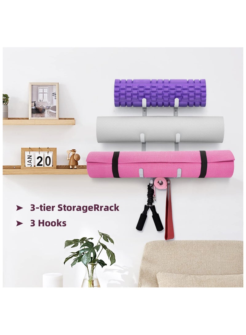 Wall Mounted Storage Rack, Yoga Mat  Home Gym Accessories Organizer, Versatile Floating Storage for Bathroom, Kitchen,  Dining Room - 3-Tier Shelf with Hooks for Foam Rollers, Resistance Bands, Towels, and More, Sturdy  Easy Assembly - Image 3