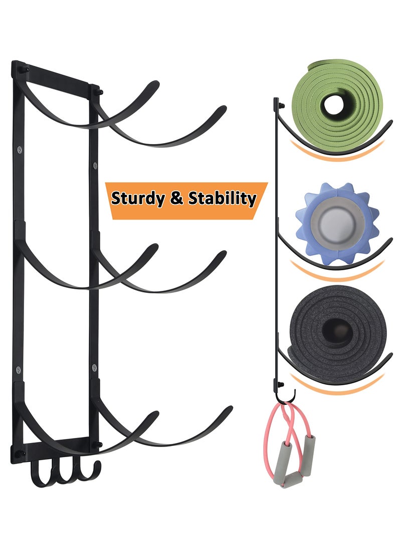 Wall Mounted Storage Rack, Yoga Mat  Home Gym Accessories Organizer, Versatile Floating Storage for Bathroom, Kitchen,  Dining Room - 3-Tier Shelf with Hooks for Foam Rollers, Resistance Bands, Towels, and More, Sturdy  Easy Assembly - Image 5