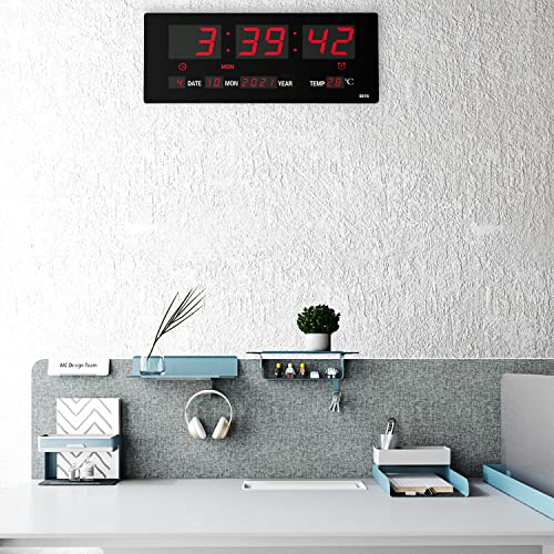 LOTCAIN 14.1 Inch Red Digital Wall Clock, Date/Day/Temperature Display, Energy Saving LEDs, Foldable Stand - Image 3