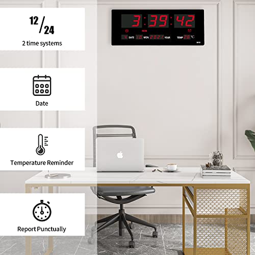 LOTCAIN 14.1 Inch Red Digital Wall Clock, Date/Day/Temperature Display, Energy Saving LEDs, Foldable Stand - Image 5